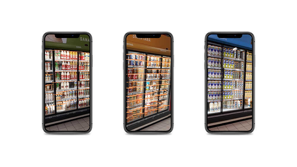 Three mobiles devices each with an image of a supermarket fridges with bounding boxes around each product.