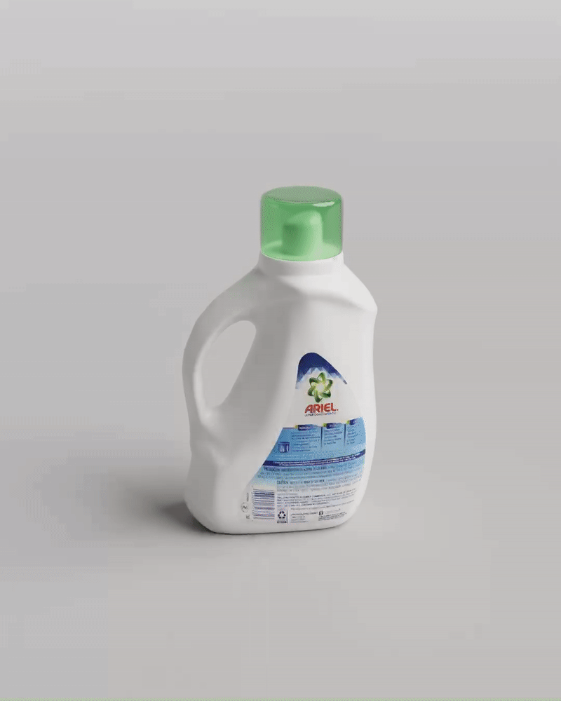 A GIF of a 3D, virtual model of a bottle of detergent rotating.