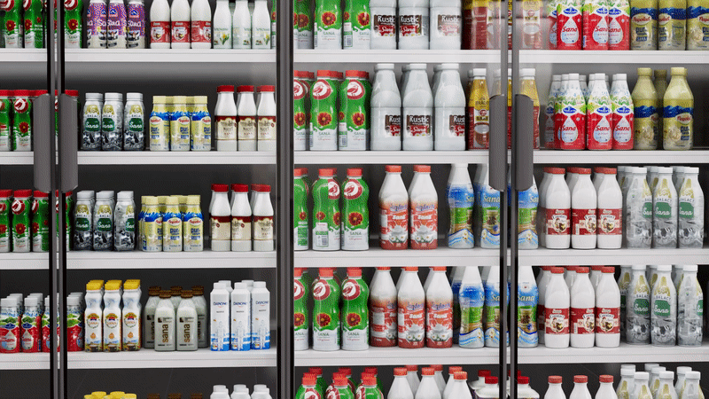 A virtual, 3D recreation of a supermarket fridge and its products, represented as a GIF.