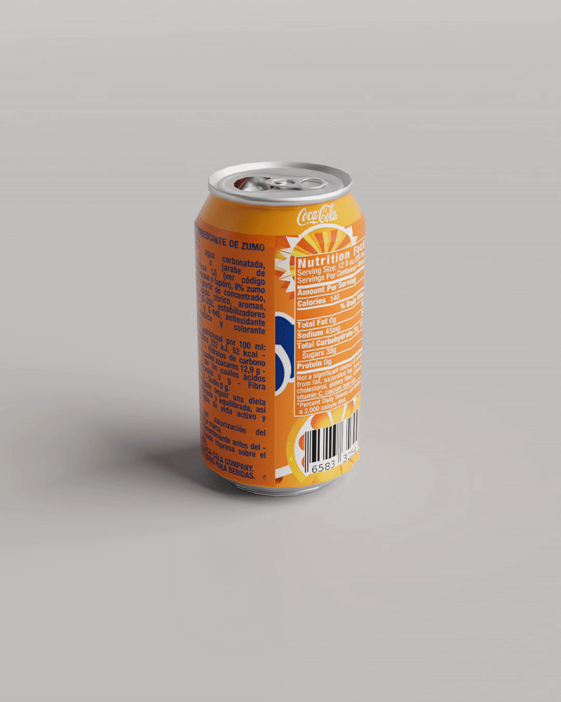 A virtual recreation of a can of Fanta orange as a rotating 3D digital model.