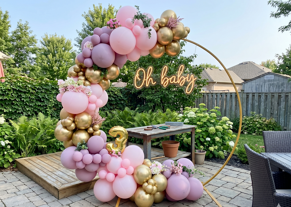 Pink purple and gold floral balloon arch with an Oh Baby neon sign for a baby shower in San Antonio by Heyday & Co.