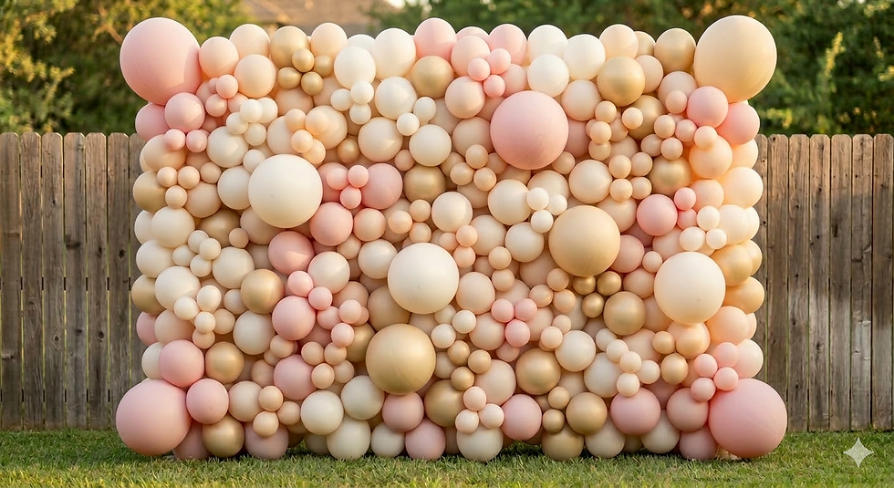 Custom organic balloon wall in blush pink champagne gold and ivory installed in a San Antonio backyard by Vive Staging and Events Texas