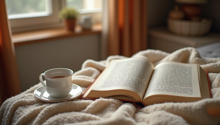 High angle view of a cozy reading nook with a book and a cup of tea