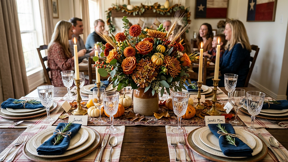 Eye-level view of a Thanksgiving dining table with layered place settings and a floral centerpiece