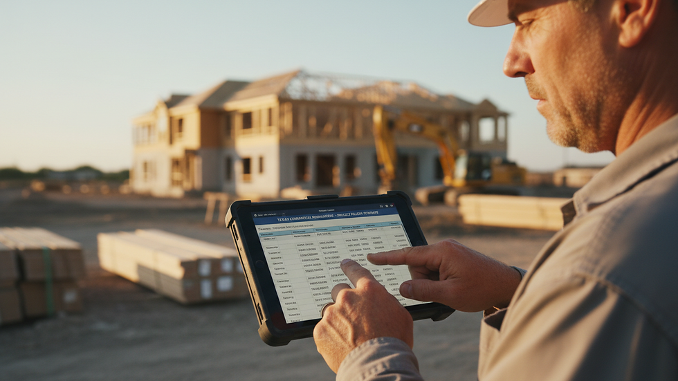 Close-up view of a contractor reviewing a construction estimate on a tablet