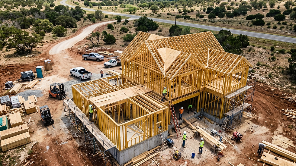 High angle view of a partially built wooden frame house