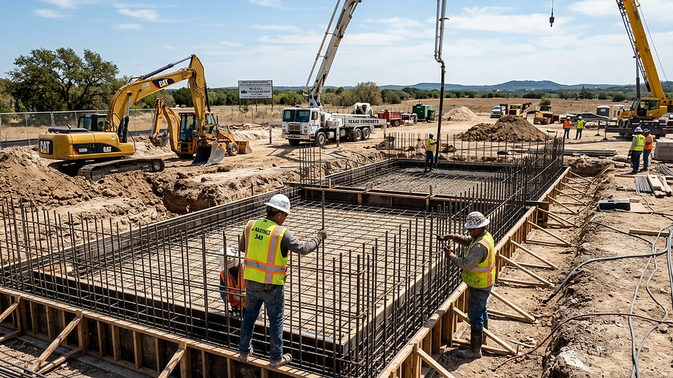 Eye-level view of a construction site with foundation work in progress