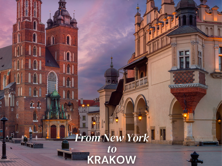 Promotional image for a flight deal featured in Landings and Layovers podcast, highlighting roundtrip flights from New York to Eastern European cities like Krakow, Sofia, and Vilnius for under $500 on LOT Polish Airlines. Background shows Krakow’s historic city square at sunset.