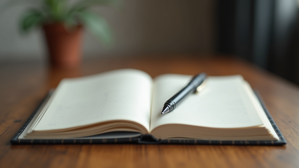 Close-up view of a journal and pen on a wooden desk, symbolizing reflection and growth