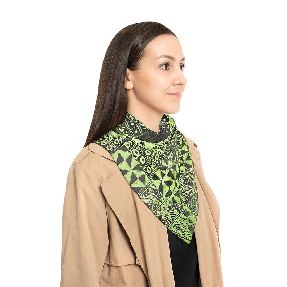 Miniatura: Green Batik Print Scarf - Geometric Pattern Lightweight Poly Scarf