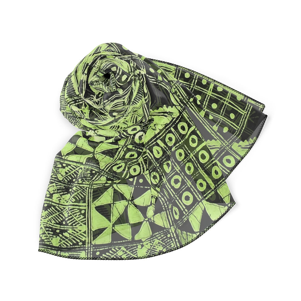 Miniatura: Green Batik Print Scarf - Geometric Pattern Lightweight Poly Scarf