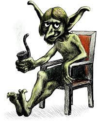A Farndale hob relaxes comfortably in a chair, holding a pipe, with a thoughtful expression.