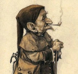 An illustration of a hob, characterized by its traditional attire, pointed cap, and a pipe, exuding an aura of wisdom and mystery.