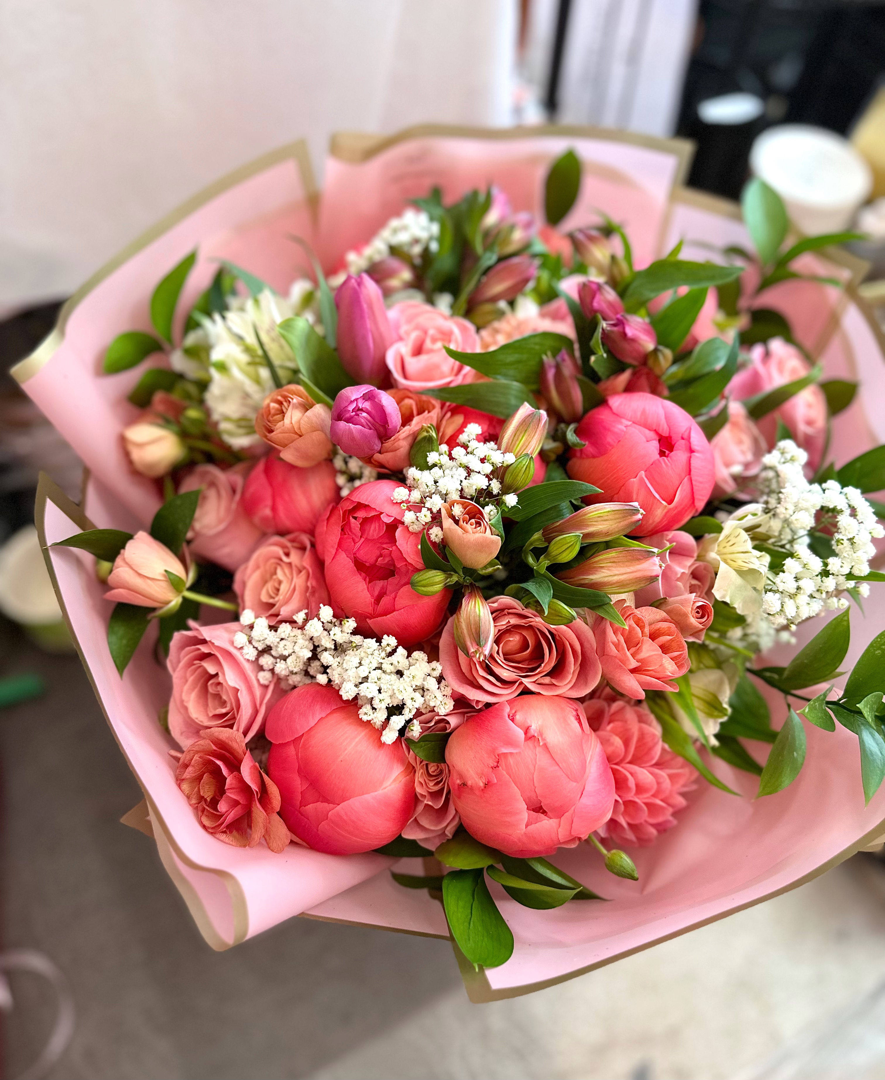 Coral Peony Dahlia Rose Bouquet 