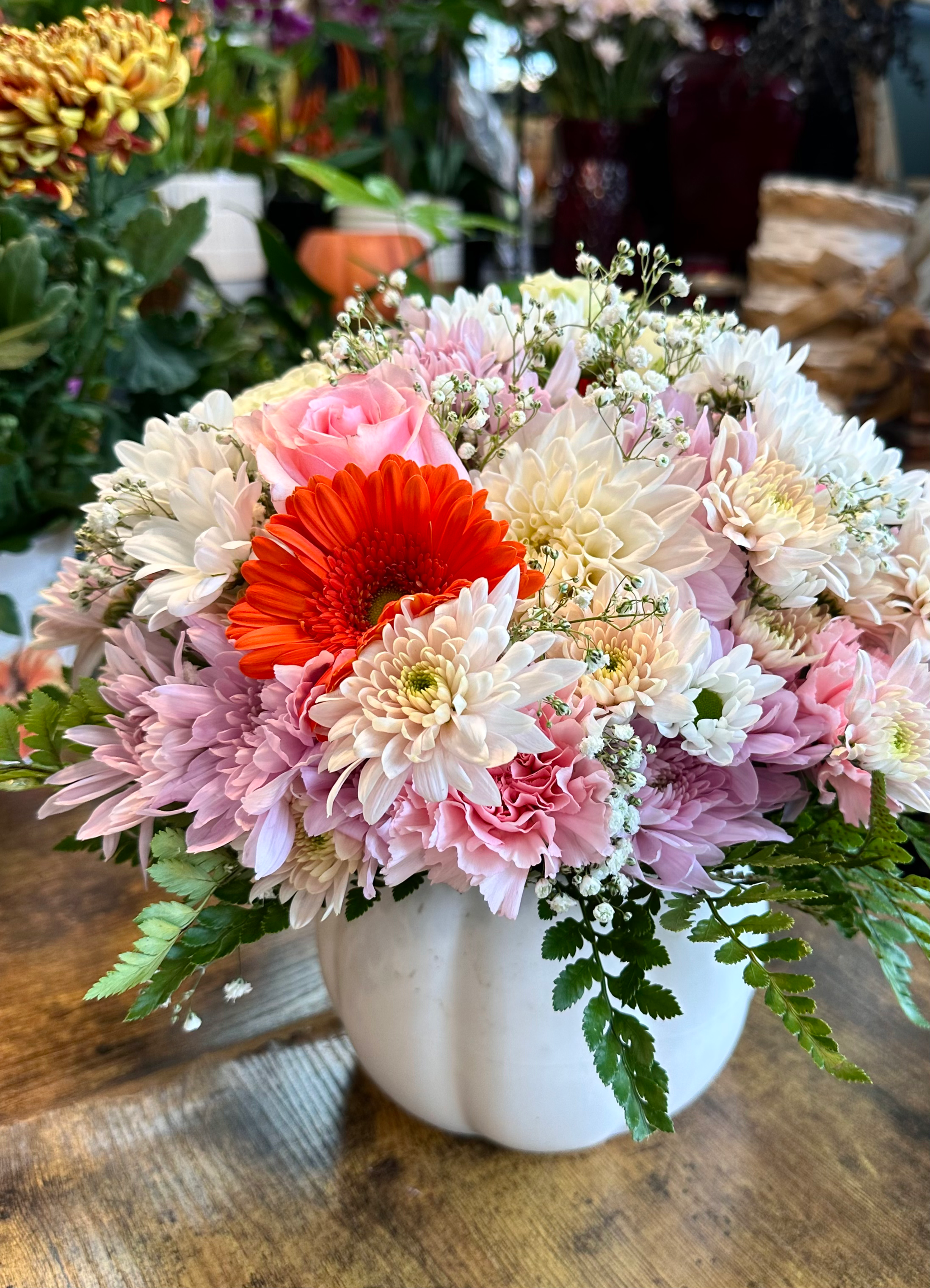 6” White Pumpkin Vase Arrangement 