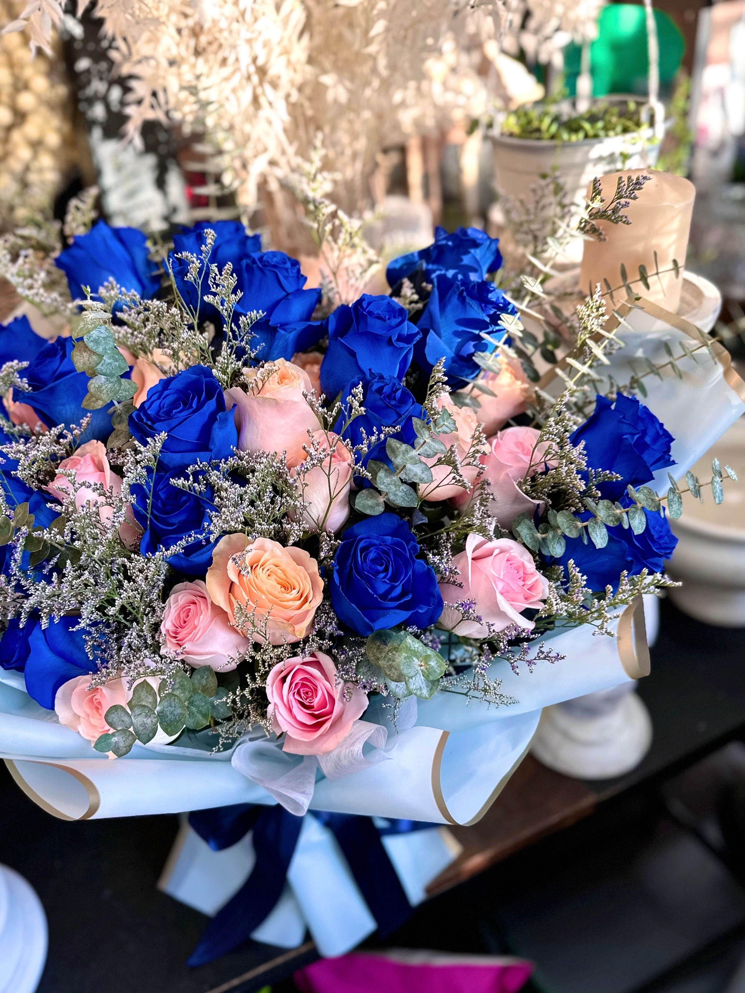 35 Blue & Pink Rose Bouquet 