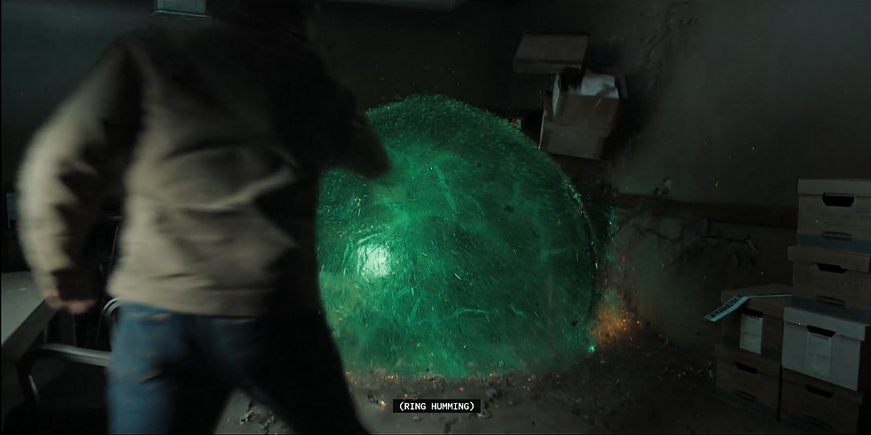 Hal makes a green bubble to stop the blast from Waylon the Vengeance alien.