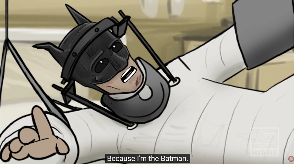 HISHE Batman in a Hospital with plasters all over the body points at camera, with subtitle Because I'm the Batman. and a HISHE watermark in corner