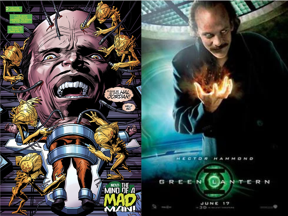 Split image: comic of Hector Hammond tortured by alien figures and Green Lantern poster of a man holding glowing energy, intense mood