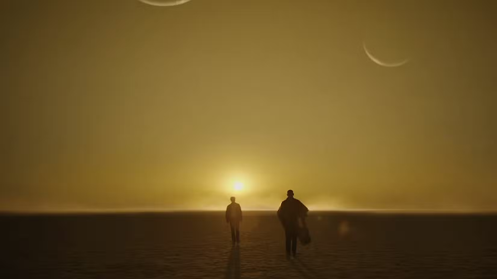 Silhouetted people walking on a reflective beach at sunset, with a crescent moon in a golden sky.