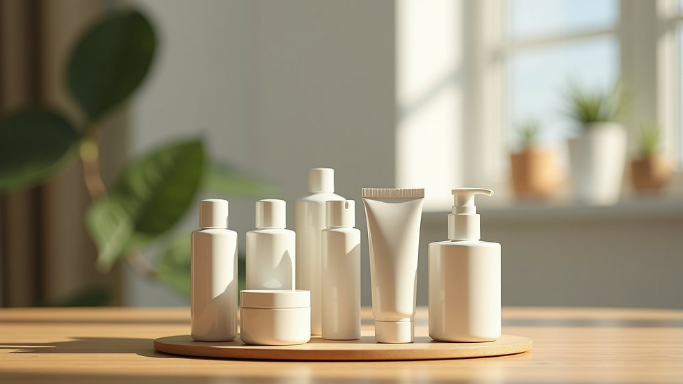 Eye-level view of skincare products arranged on a wooden surface