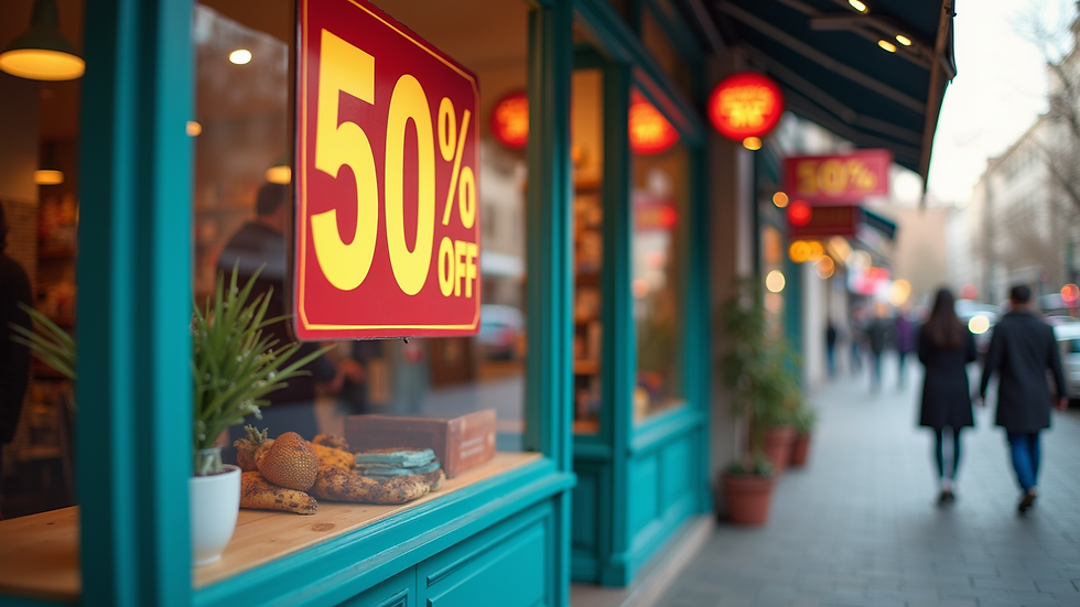 Eye-level view of a vibrant storefront with a discount sign