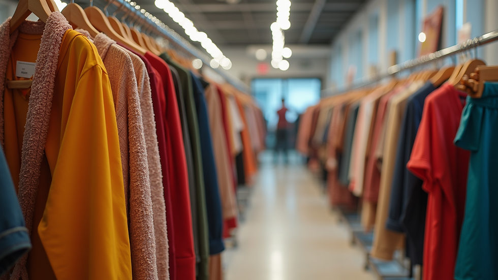 Eye-level view of a colorful display of various clothing items