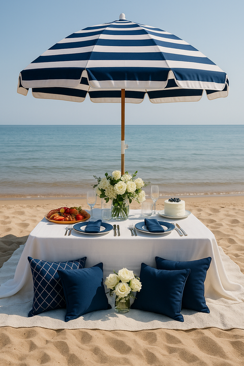 Group luxury picnic for four guests on lakeshore with colorful décor with umbrella. Charlevoix, Lake Michigan