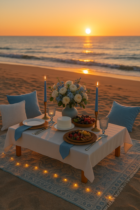 Sunset picnic experience with cozy pillows, champagne glasses, and floral décor Lake Michigan in Charlevoix