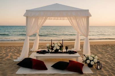 Group luxury picnic for six guests on lakeshore with colorful décor with cabana. Charlevoix, Lake Michigan