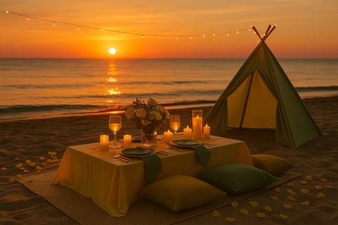 Sunset picnic experience with cozy pillows, champagne glasses, and floral décor Lake Michigan in Charlevoix