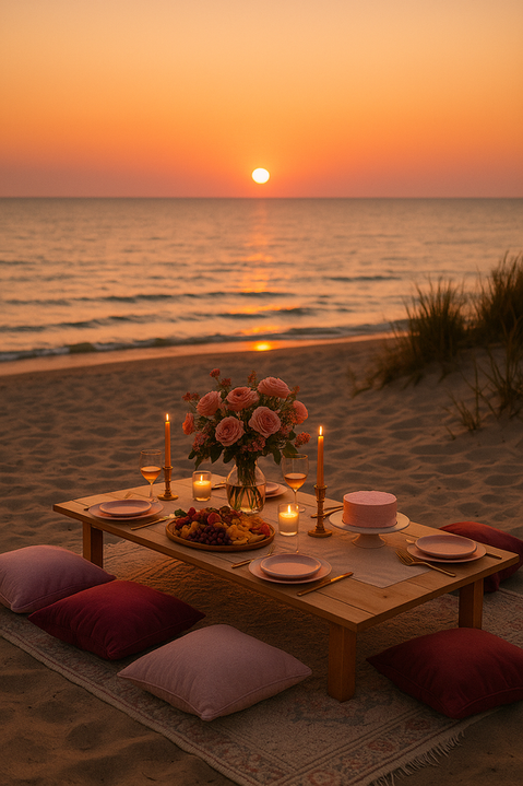 Sunset picnic experience with cozy pillows, champagne glasses, and floral décor Lake Michigan in Charlevoix