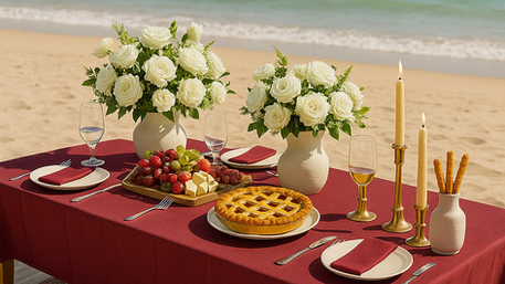 Group luxury picnic for six guests on lakeshore with colorful décor. Charlevoix, Lake Michigan.