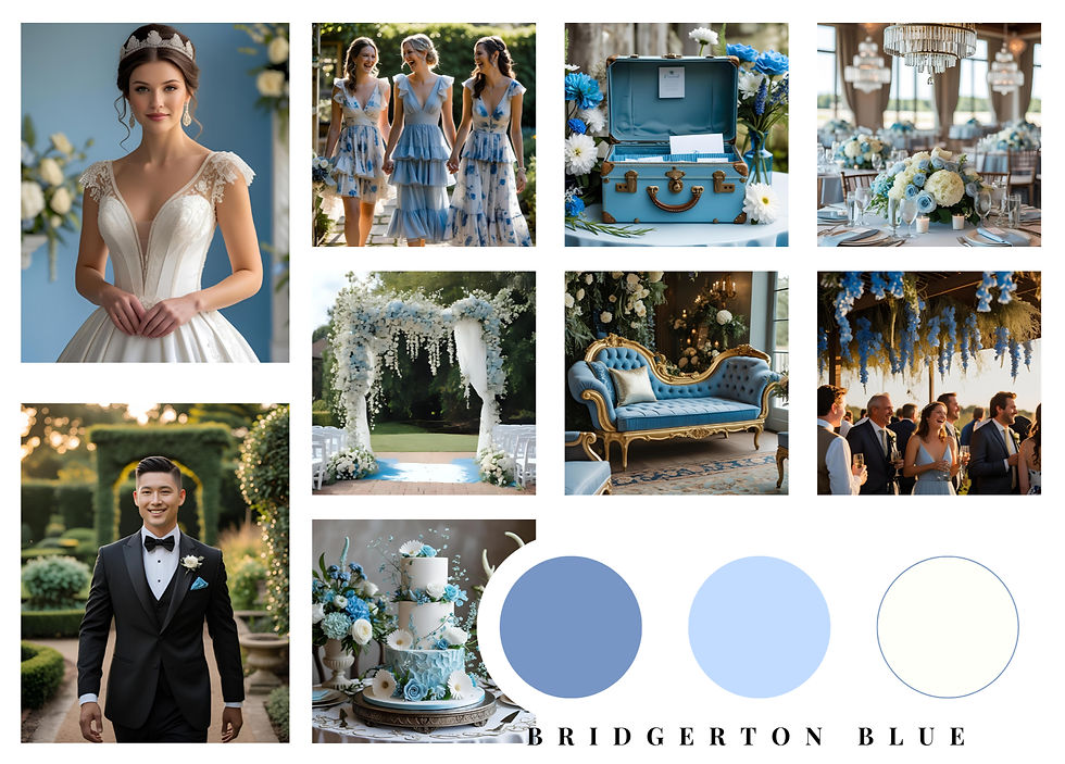 Mood board of trending 2026 wedding colour palette bridgerton blues. dusty blue, pastel blue and white wedding theme. Woodwedge print wedding linen
