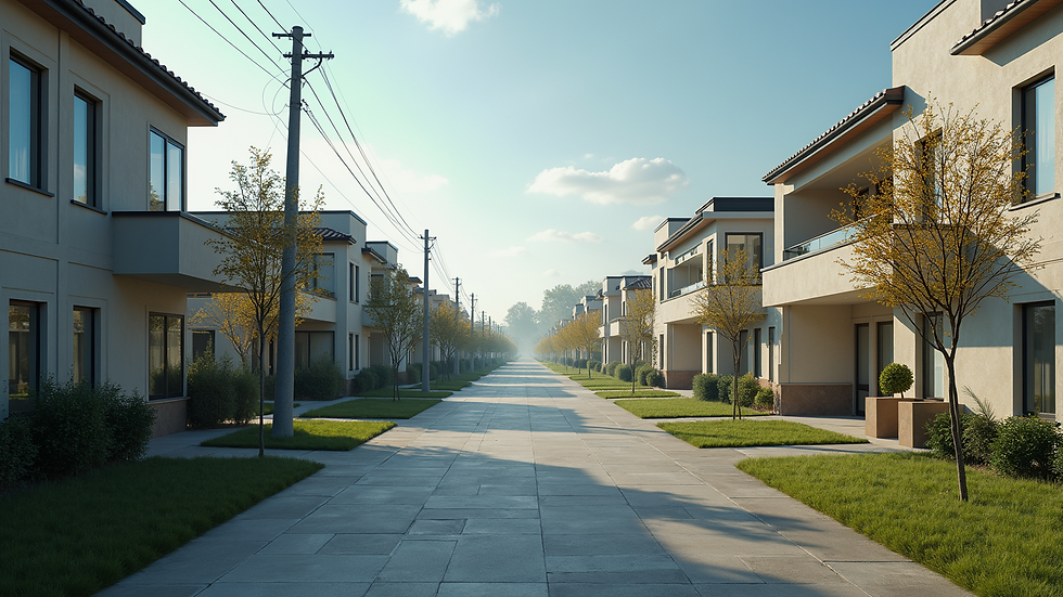 Wide angle view of urban community with modern structures