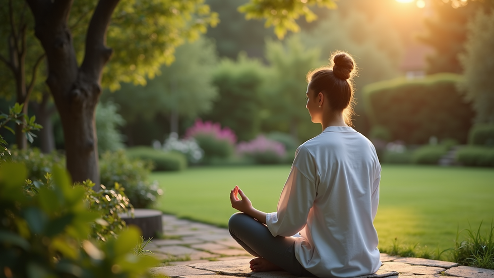 Close-up view of a person meditating in a serene garden