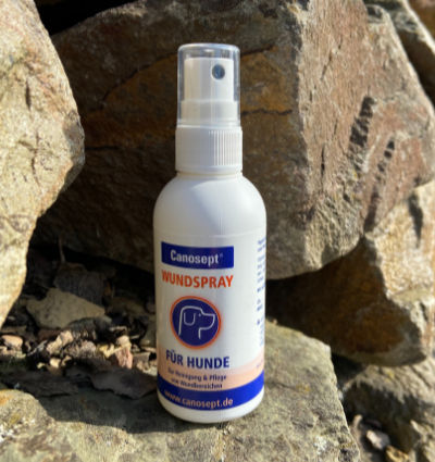 Flasche Canosept Wundspray für Hunde vor einem Steinhintergrund