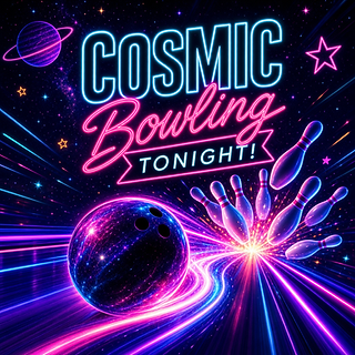 Neon Cosmic Bowling Tonight sign with bowling ball and pins