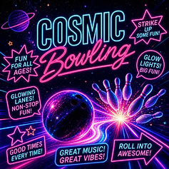 Neon Cosmic Bowling logo with glowing ball and pins