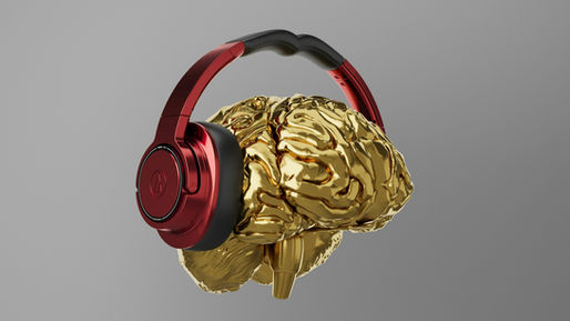 Golden brain sculpture with red headphones symbolizing neuroscience and breathwork research