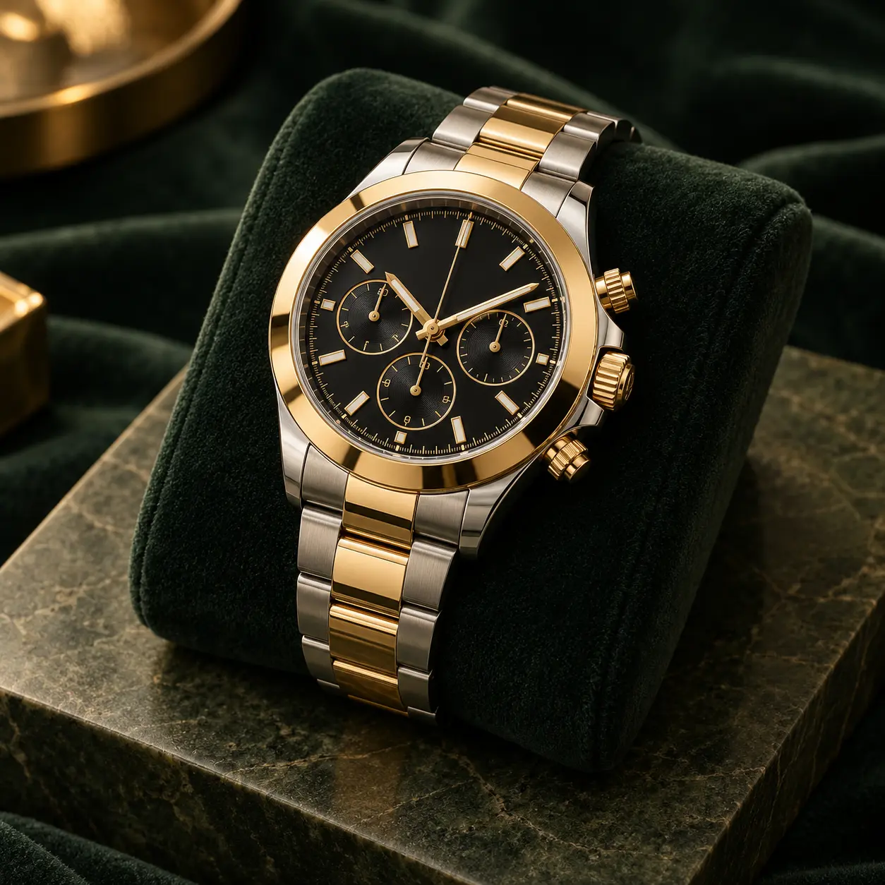 Two-tone luxury chronograph on a green velvet cushion
