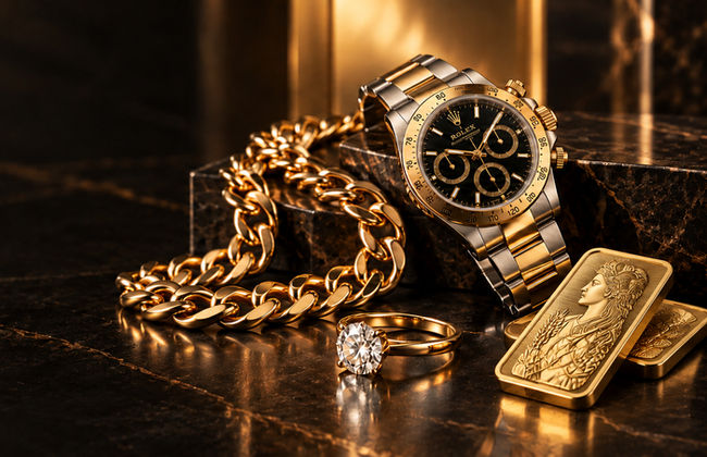 Gold jewellery, a luxury watch and gold bars