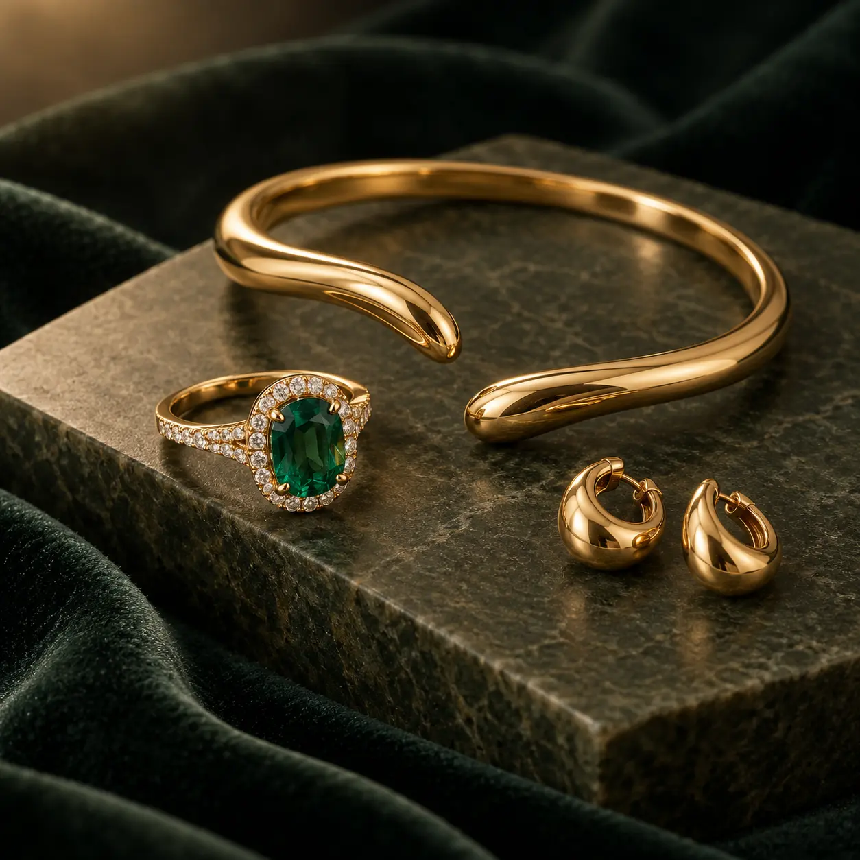 Sculptural gold bangle, gemstone ring and earrings