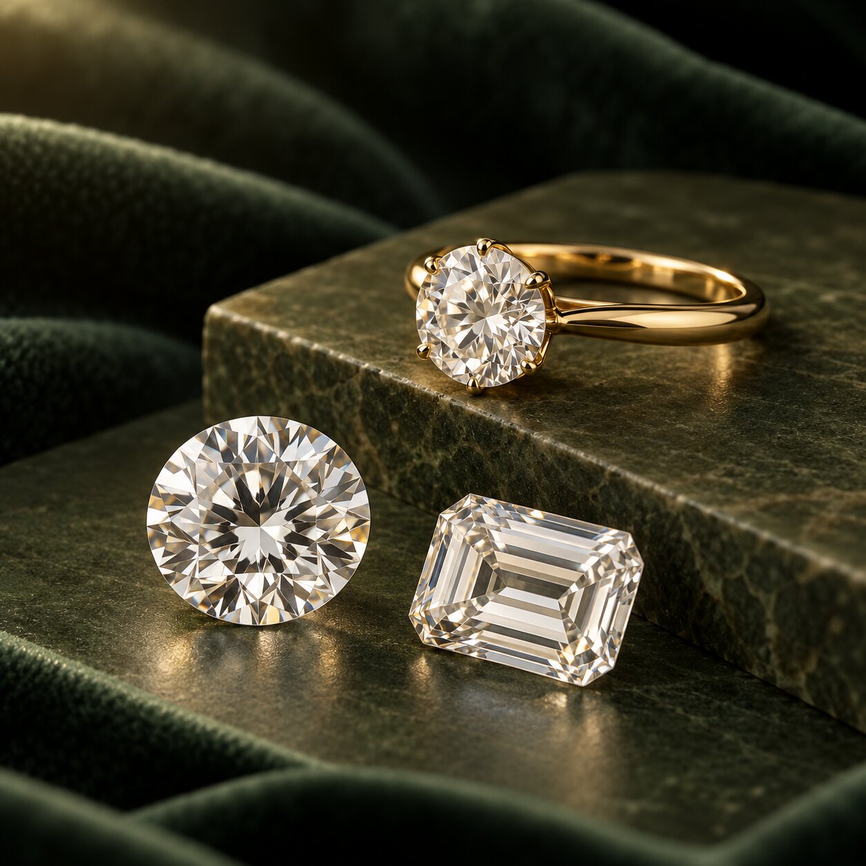 Round and emerald-cut diamonds with a gold solitaire diamond ring