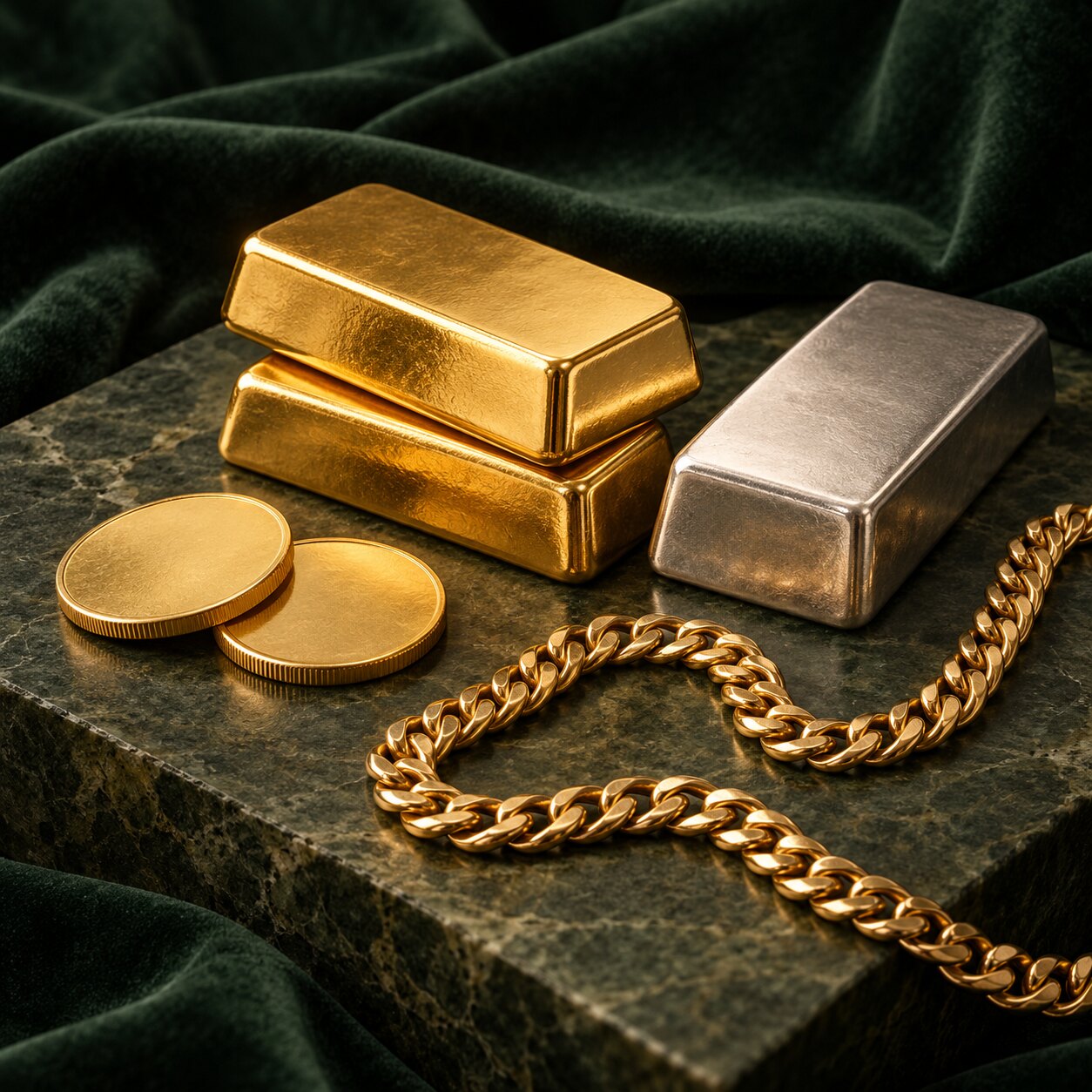 Gold and silver bullion bars, gold coins and a gold chain on green velvet