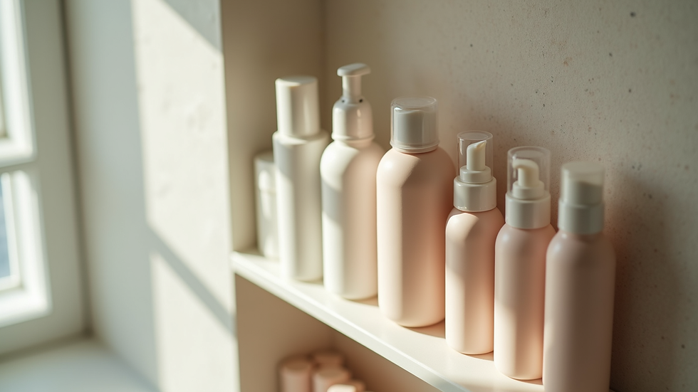 High angle view of hair care products arranged on a bathroom shelf