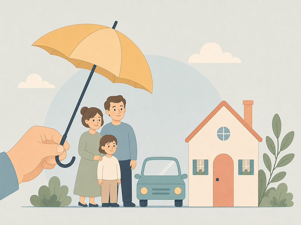 Main qui tient un parapluie avec en dessous une famille une voiture et une maison