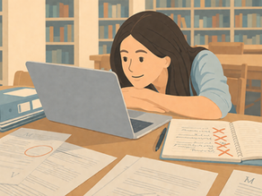 Jeune femme, entourée de documents, en train de déclarer ses impôts