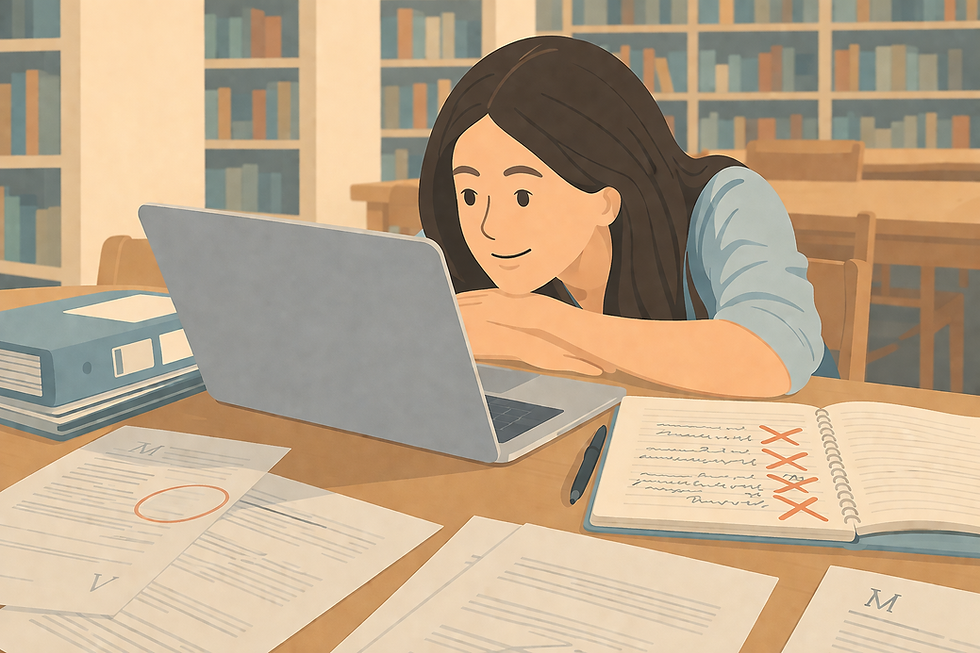 Jeune femme avachie à une table dans une bibliothèque, regardant son ordinateur portable, entourée de documents