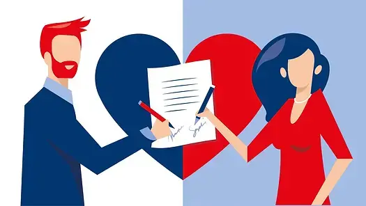 Un dessin de deux personnes qui signent un contrat avec un coeur dans le fond pour imager le PACS